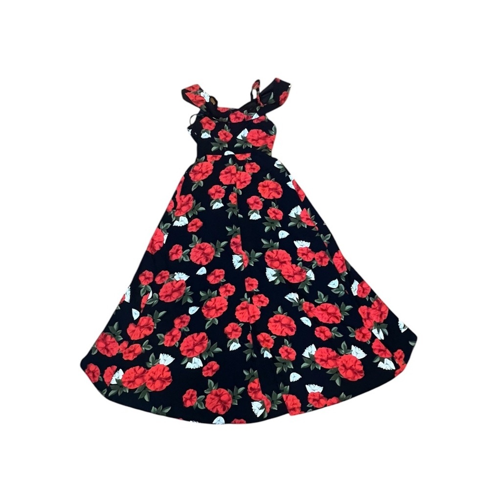 Moody Bright Red Floral Maxi High-Low Hem Off the Shoulder Dress size 4 - Picture 3 of 6